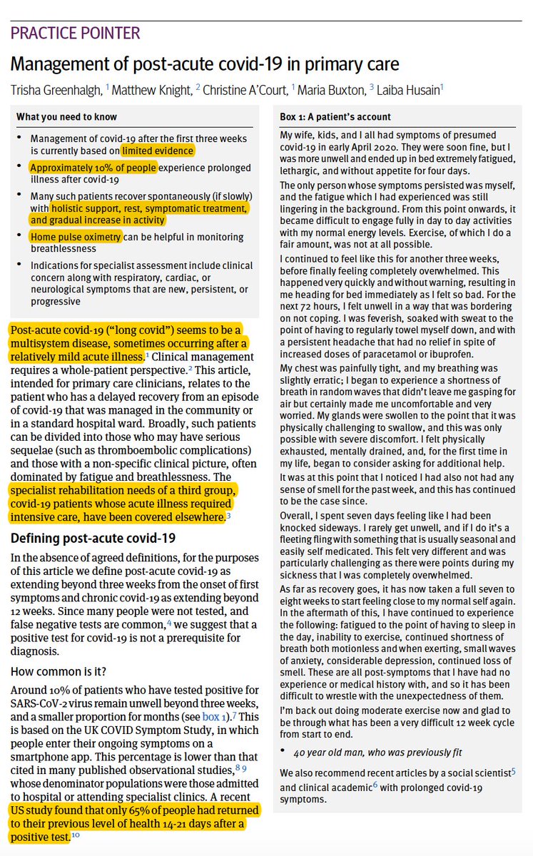 Eric Topol (@erictopol) on Twitter photo We know little about the underpinnings, true incidence, duration, treatment for #LongCovid
but this new summary with patient examples <a href="/bmj_latest/">The BMJ</a> is very instructive and the best yet
bmj.com/content/370/bm…
by <a href="/trishgreenhalgh/">Trisha Greenhalgh</a> and colleagues We know little about the underpinnings, true incidence, duration, treatment for #LongCovid
but this new summary with patient examples <a href="/bmj_latest/">The BMJ</a> is very instructive and the best yet
bmj.com/content/370/bm…
by <a href="/trishgreenhalgh/">Trisha Greenhalgh</a> and colleagues