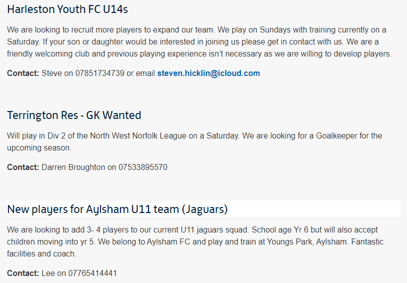 NOTICEBOARD | <a href="/harlestonyouth/">Harleston Youth Football Club</a> and @AylshamYouthFC are looking to add players to youth teams &amp; Terrington Res are recruiting for a Goalkeeper! #NorfolkFootball ⚽

Check out all the latest posts here 👉 norfolkfa.com/leagues-and-cl…