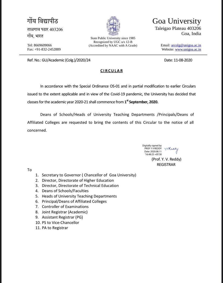 Goa University issues circular, decides to commence classes for academic year 2020-21 from 1st September 2020 for affiliated colleges 
#Goa #Education #Govt #Classes