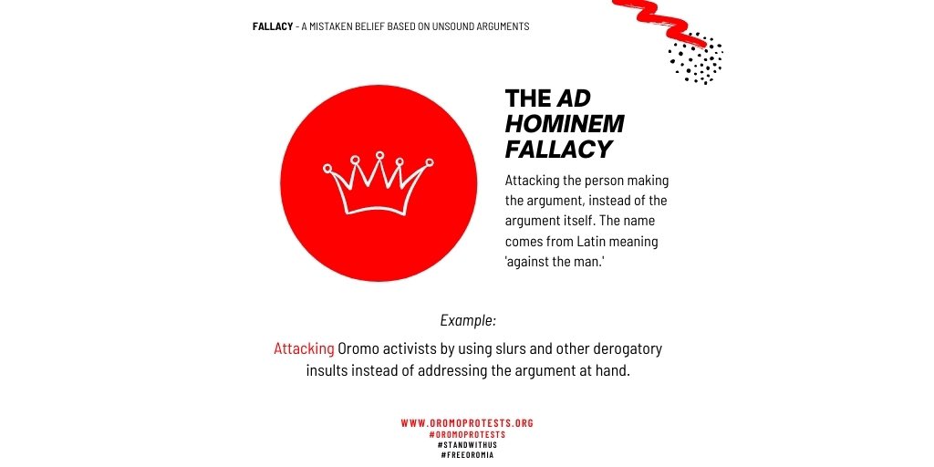 The AD HOMINEM FALLACY! Have you noticed how some folks start calling you names & attacking you as a person when you try to have a genuine exchange on issues related to  #OromoProtests? (3/6)
