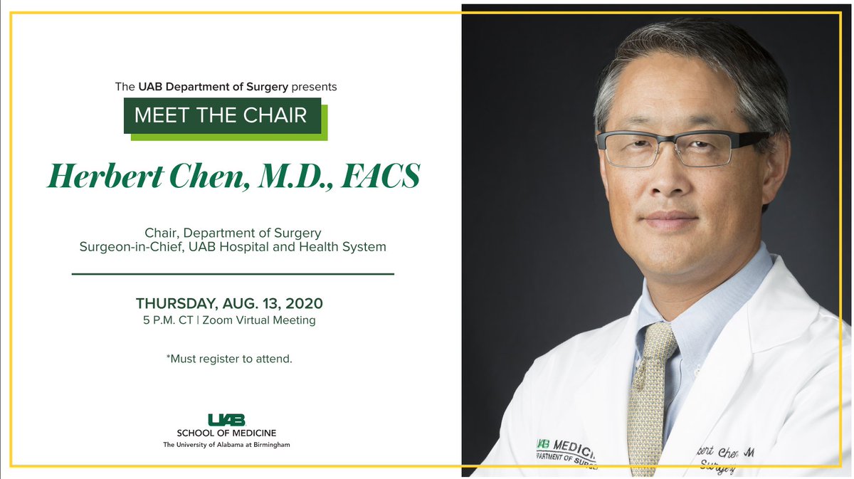 UABSurgery's tweet photo. Reminder that all interested medical students are invited to join us this Thursday for a virtual Meet the Chair session with Dr. @herbchen! Register through the link in our bio.
#MeettheChair #SurgeryResidency https://t.co/UbFXWFzrZP
