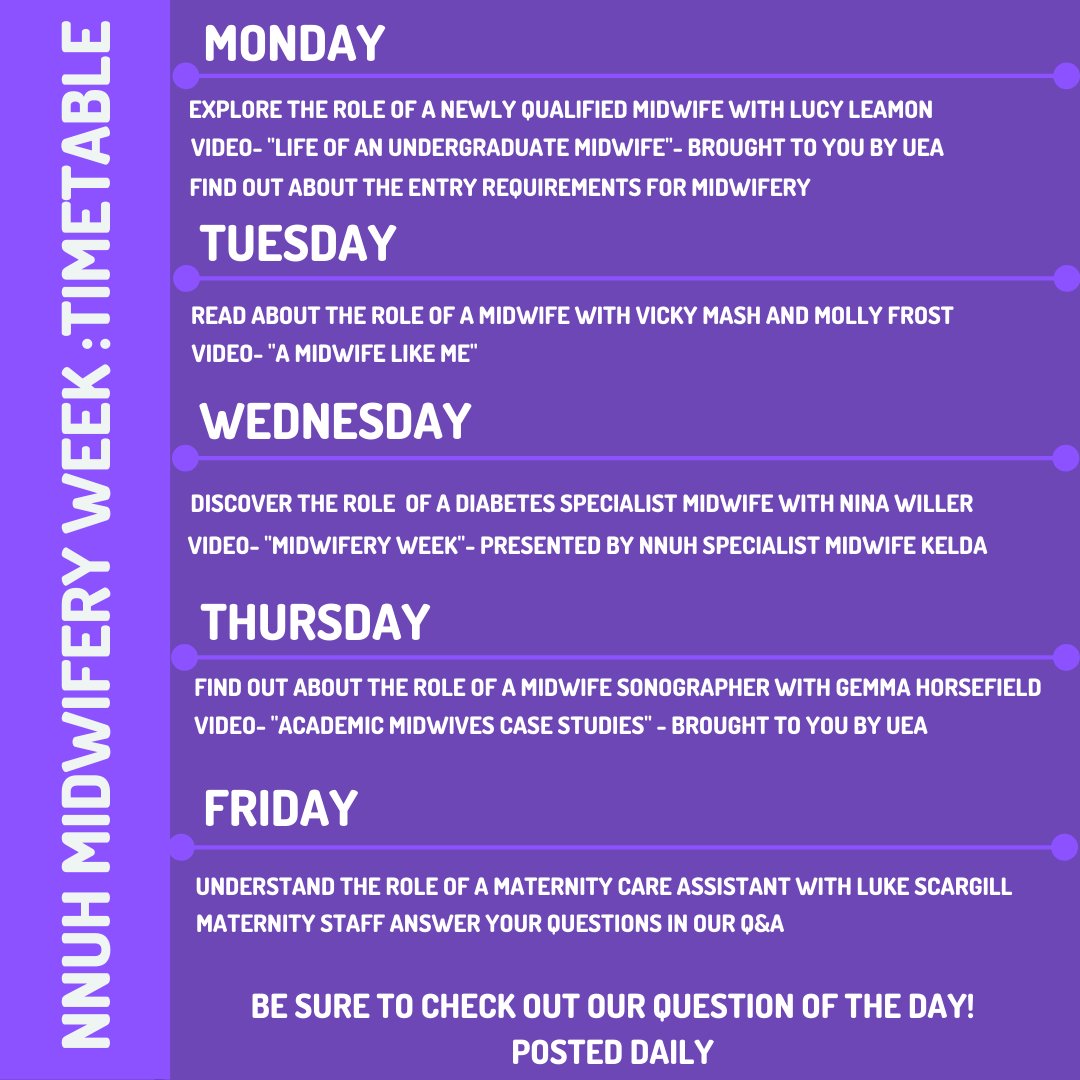 👋 WELCOME! 👋

Welcome to our first Virtual Careers Information Week! This week we will be focusing on Midwifery, and have a packed week ahead!

Please see below for our timetable of what each day will feature, everything will be posted on our social media accounts!