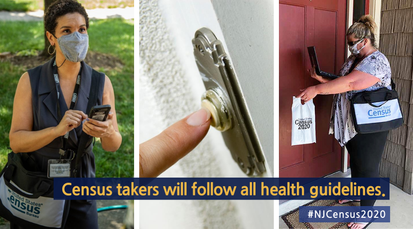 NJDCA's tweet photo. Census takers will begin knocking on doors statewide to make sure everyone is counted. 
Census Takers will:
📱 Offer to help you complete the Census
🆔 Have a valid photo ID badge.
😷 Follow COVID-19 safety protocols
🚫 NEVER ask for Social Security, bank or credit
card acct. #'s https://t.co/eqvVa30YGe