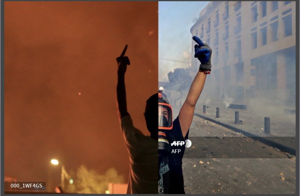 BarzanSadiq's tweet photo. On the left-side an #Iraqi protester gesturing the middle finger at riot police in #Karbala and on the right-side a #Lebanese protester gesturing the middle finger at security forces amid clashes in downtown #Beirut. https://t.co/pTYCjpwAO3