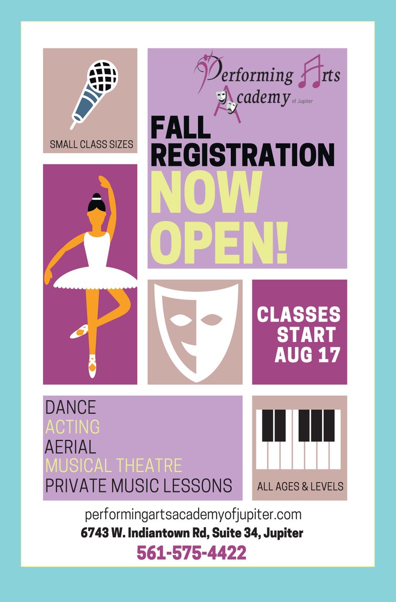 MyLivingMedia's tweet photo. Fall registration for Performing Arts Academy of Jupiter is now open! Reserve your spot now 🩰🎭🎤
#Dancing #Acting #AerialArts #MusicalTheater #Theater #MusicLessons #Music #DanceClass #AerialClass #ActingClass #MusicalTheaterClass #ShopSmart #ShopLocal #Jupiter #PalmBeach https://t.co/EONPjjV2UY