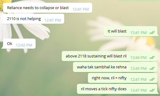 asrkanth's tweet photo. #Reliance conversation with a participant on Long setup of Reliance. It blasted 50rs in 30 mins post setup identification #SKARSH #Nifty #KillerTrade https://t.co/KUUytwQUfp