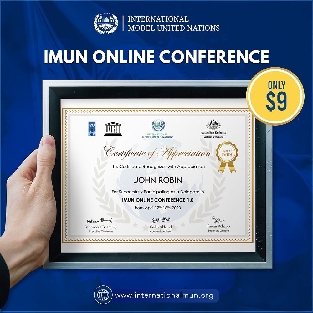 megha_p7's tweet photo. Want recognition from International MUN? Register now at the IMUN Online Conference 18.0 for just 9 USD / 700 INR and get a chance to be a part of exciting 2-day Model UN conference and get participation certificates recognised by the United Nations &amp; the Australian Embassy. https://t.co/M2xygdB3vS