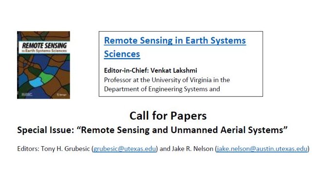 "Call for Papers": 
Remote Sensing in Earth Systems Sciences is devoting a special issue to research on advances in unmanned aerial systems research for the built and/or natural environment. Submissions open! More info here: springer.com/journal/41976/…