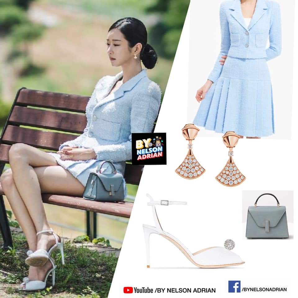 Blue Tweed Short Jacket -P45,396.11 + Blue Tweed Pleats Skirt -P36,316.89 both fr AVOUAVOUDivas' dream 18kt pink-gold and diamond earrings fr BVLGARI -P348,445.45 Iside Micro Grained Leather Bag fr VALEXTRA -P111,895.29Sacora 85mm glitter-ball sandals fr JIMMY CHOO -P48,831.50