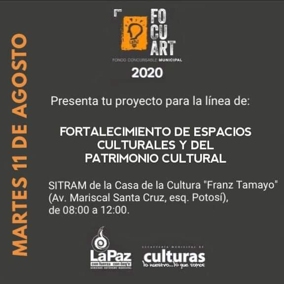 lapazculturas's tweet photo. #FOCUART2020 Hoy finaliza el plazo de postulación de proyectos para la línea de Fortalecimiento de Espacios Culturales y del Patrimonio Cultural. Presenta tu iniciativa en la Casa de la Cultura. https://t.co/q51RjVi3Kf