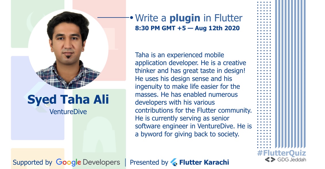 FlutterKarachi's tweet photo. We have our fourth session tomorrow, at Flutter Quiz League 2020, by Syed Taha Ali! We will be live on our Facebook Page at 8:30 PM GMT +5 👨💻
Facebook: https://t.co/cXUVNGUVRz
#FlutterQuiz https://t.co/55uByMGm0Q