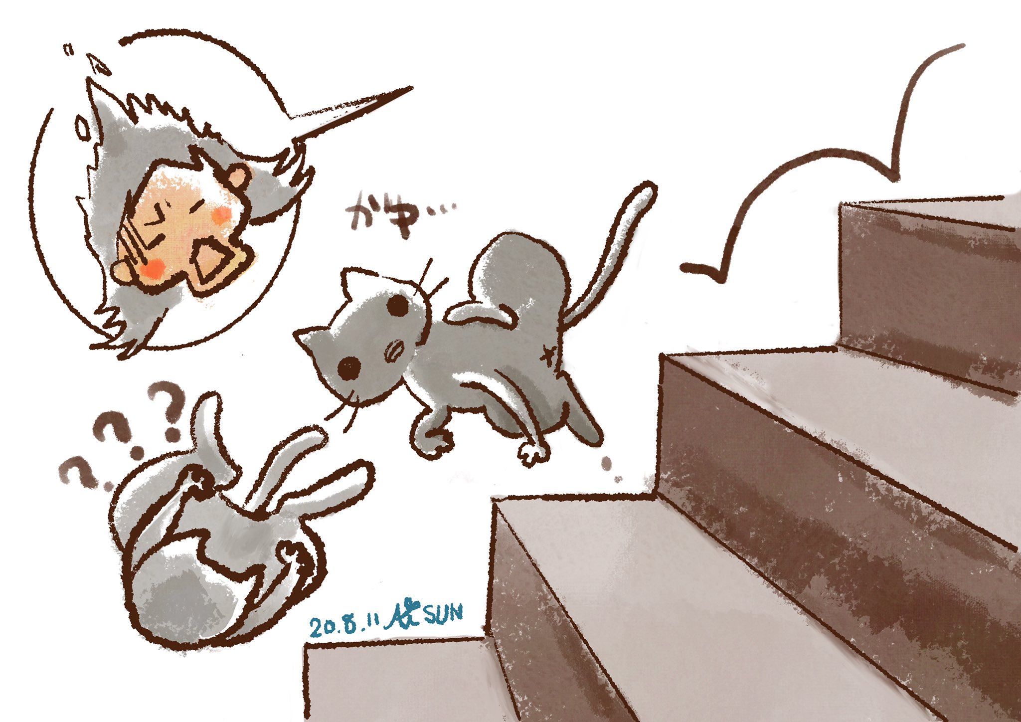 تويتر アイサン いなりねこ على تويتر 猫が階段を降りる途中で 耳をかこうとして バランス崩して階段を転がり落ちていくのを見てしまった バカなの Cat 猫 ねこ 猫のいる暮らし Ipad イラスト Procreate T Co 47rdczu3un