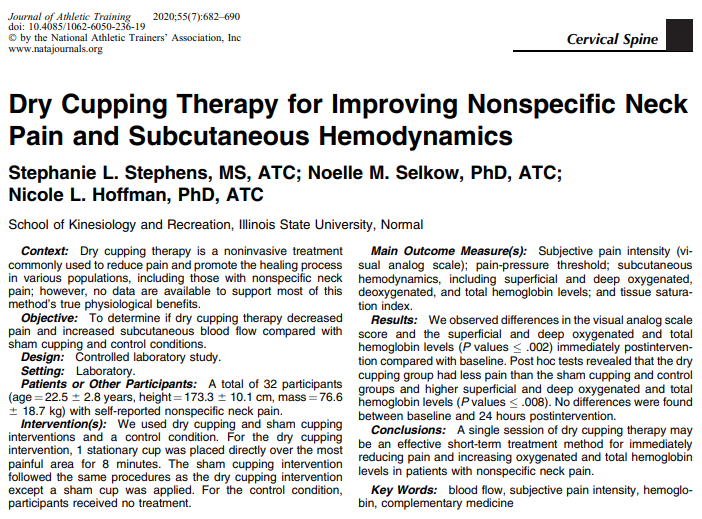 JAT_NATA's tweet photo. In the July issue of @JAT_NATA from Stephanie Stephens, MS, Dr. Noelle Selkow (@docselkow), and Dr. Nicole Hoffman: Dry Cupping Therapy for Improving Subcutaneous Hemodynamics and Pain Associated With Nonspecific Neck Pain.
Link: https://t.co/euhlfmOFfl https://t.co/43u89sanXv