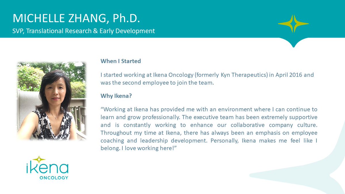 IkenaOncology's tweet photo. Over the next few weeks, we’ll be hearing from some of our longer-tenured teammates about what it’s like to work at Ikena as they continue to #MakeFreshTracks. First up is Michelle Zhang! https://t.co/gWjdJky8Gx
