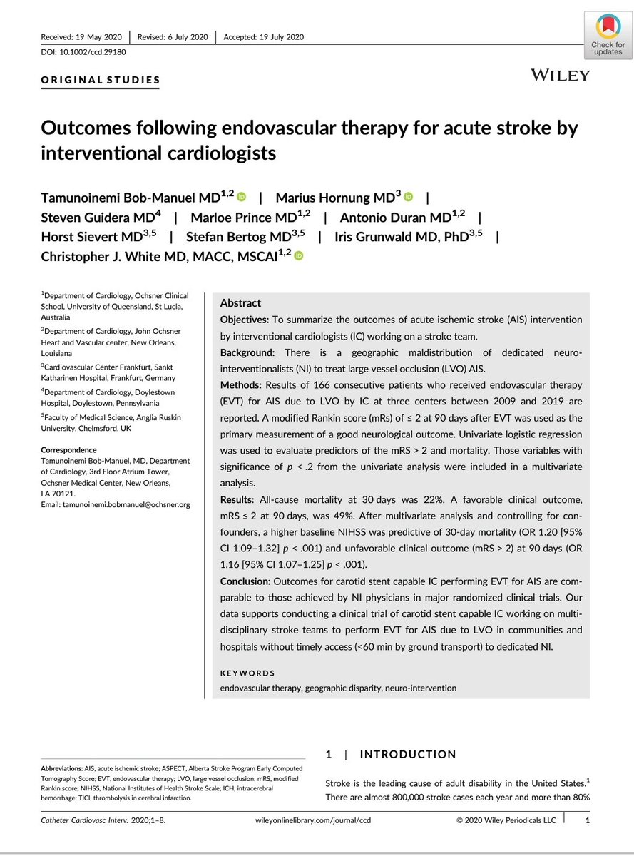 EmiBobManuel2's tweet photo. Yesterday, We published a 3 center, Original study on outcomes of acute stroke interventions by interventional cardiologists.
Thanks to Catheterization and Cardiovascular Interventions (CCI).

Link: https://t.co/obTzcrAxSU

#Ochsner #research #stroke #SCAI https://t.co/uEifWjxfTF