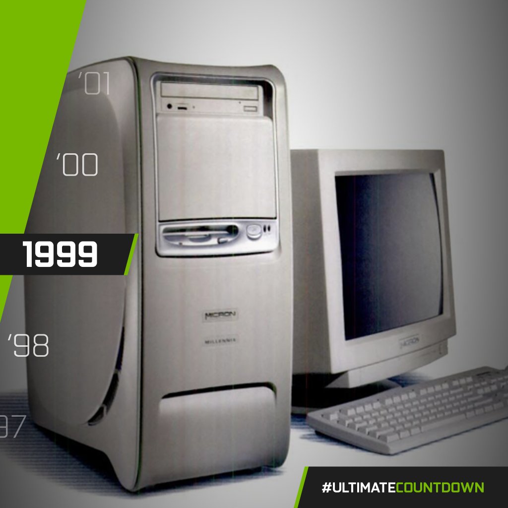 NVIDIAGeForce's tweet photo. Look at this beast! Pentium III 733 Mhz, our new GeForce 256 GPU, a whopping 128MB RAM  (!) ... and a 8x/40x CD-RW to top it off. 

We can't imagine a PC being more powerful than this. https://t.co/jAHeavu1kh