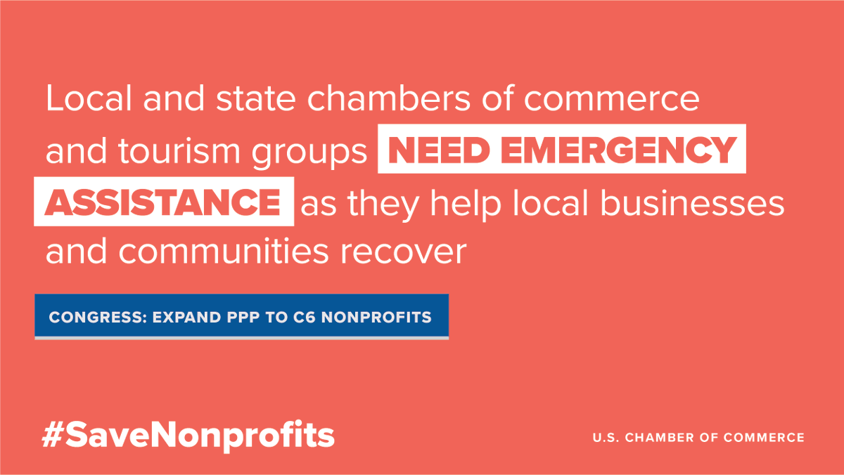 USChamber's tweet photo. Many local #nonprofits are struggling amid #COVID19 but cannot access federal aid programs. 

Congress: It’s time to let 501(c)6 organizations like local and state chambers access much-needed #PPP loans: https://t.co/VSxPCcXuLn #SaveNonprofits #C6 https://t.co/qZ6jNoJnaP