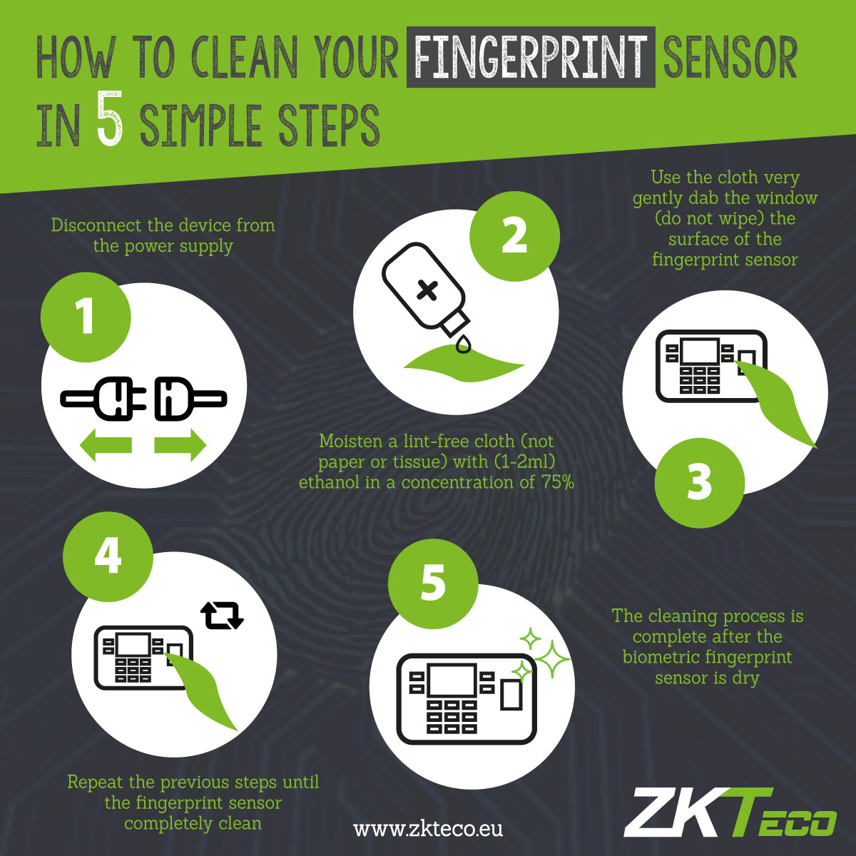 💚Help safeguard your #workplace with our five-step guide to keeping your #biometric and #fingerprint readers clean → lnkd.in/ebVXyyh #ZKTeco #ZKTecoEurope #ZKTecoFAQs