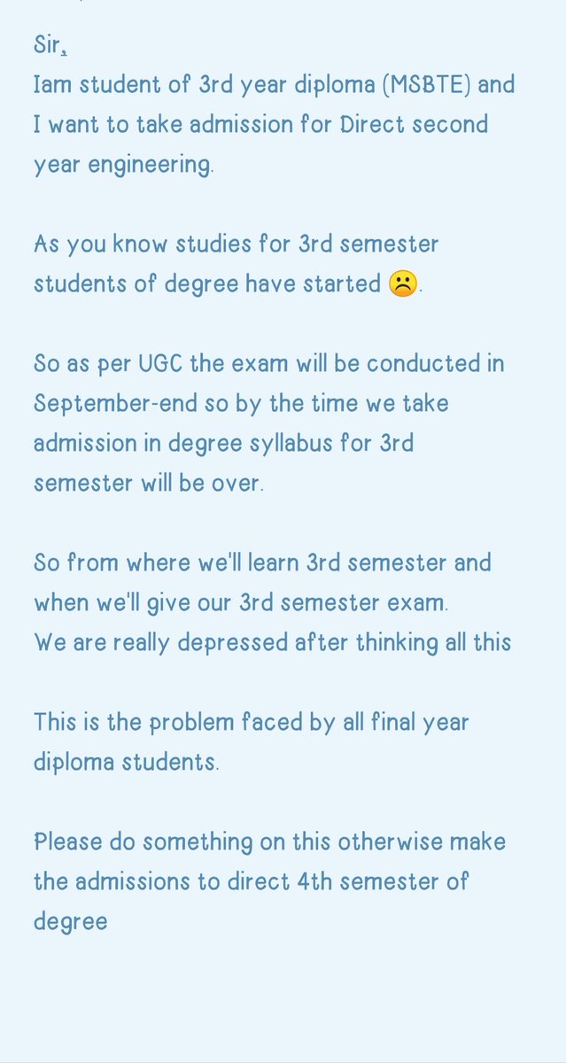 imchigzz's tweet photo. Read this and do something for Diploma students.
#JusticeForDiplomaStudents
#StudentsLivesMatters 
#Students 
#StudentsAgainstUGCGuidelines 
@samant_uday @prajaktdada 
@CMOMaharashtra @PMOIndia 
@DrRPNishank @31Petitioners 
@AUThackeray @ugc_india
@HRDMinistry @SardesaiVarun https://t.co/x6kPyJYNI6