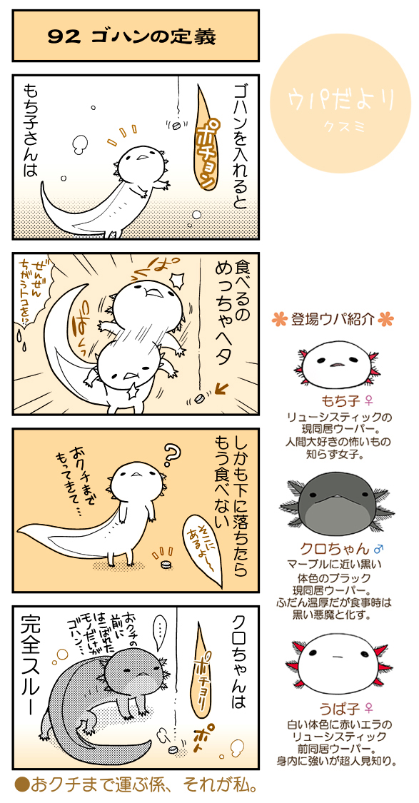 ウパだより92 気まぐれ公開ウーパールーパー4コマ ウパのおクチまでご飯を運ぶ クスミ 楠見らんま 百合とかウーパールーパーとか の漫画