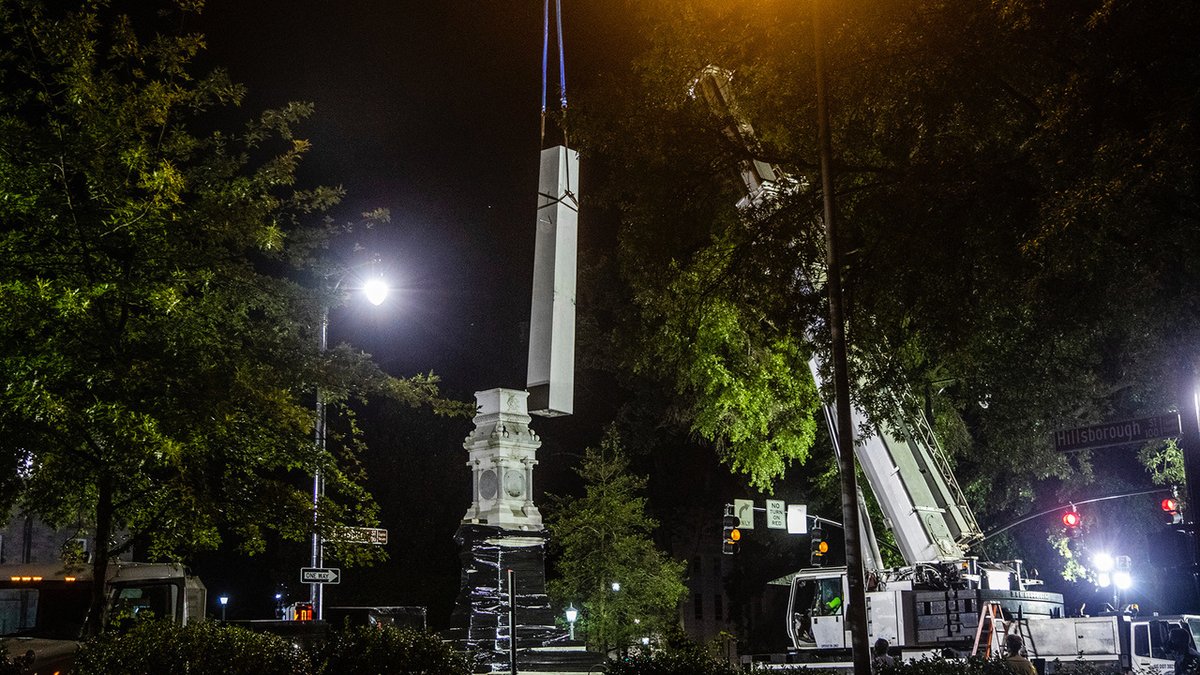 In June 2020, after demonstrations around the base of the statue, protestors removed two of its smaller figures, handing one from a stoplight and dragging the other outside the courthouse. The governor then ordered the rest of the monument dismantled and put into storage.