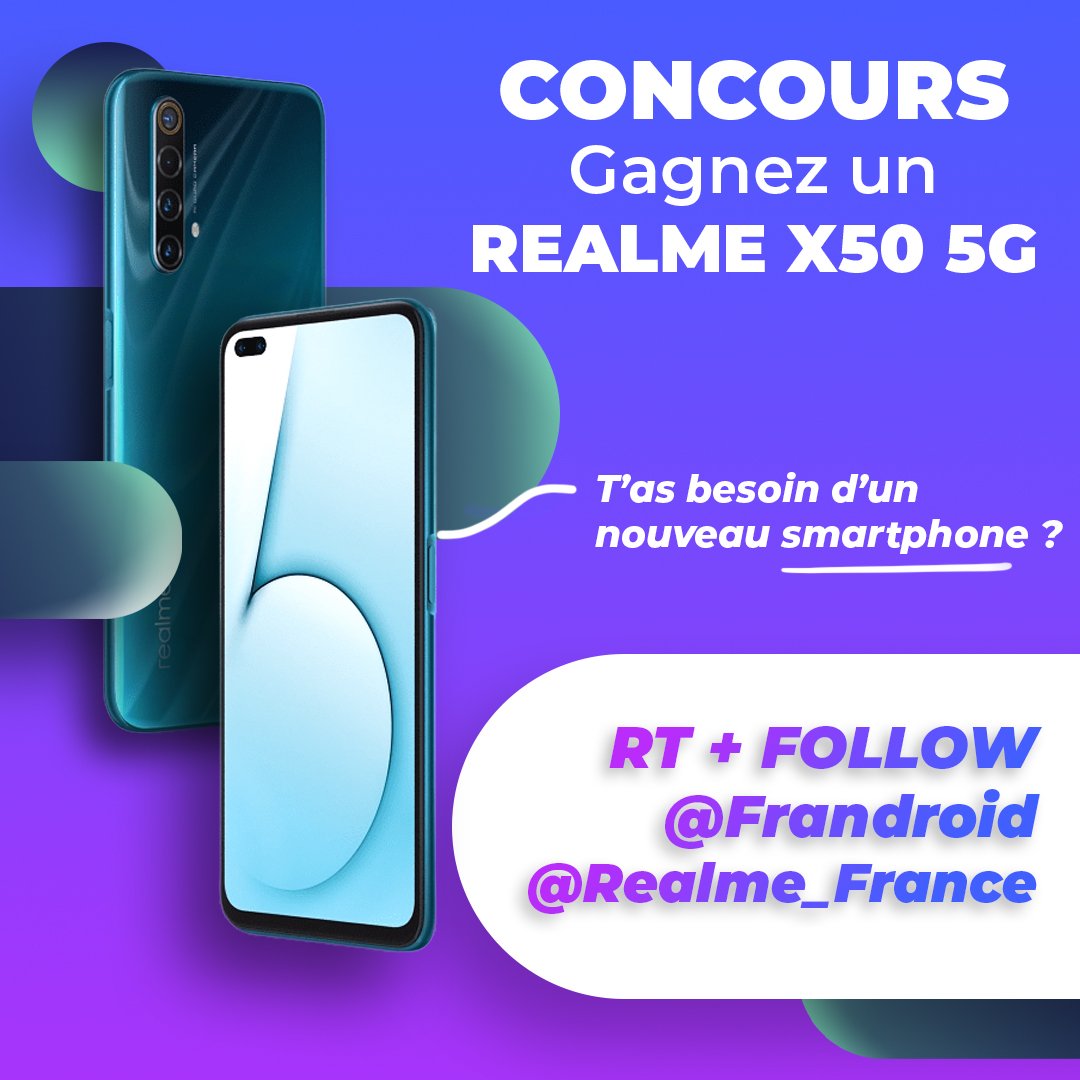 Frandroid's tweet image. 🔥 #CONCOURS 
Gagne un #RealmeX50 5G !

Pour participer :
- RT ce post
- Follow @Frandroid &amp;amp; @realme_France

Tirage au sort le 24 août 2020 !