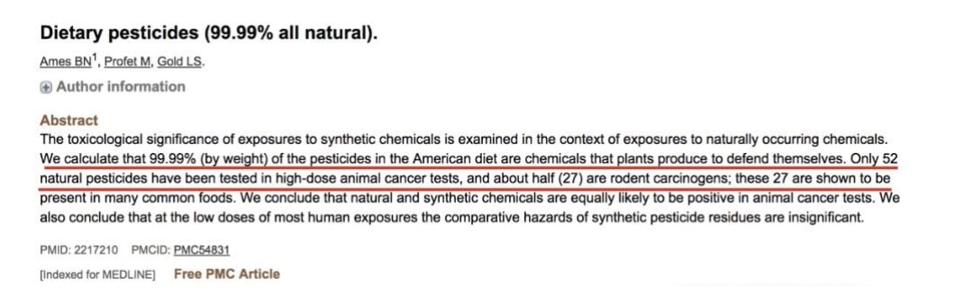 PLANTS PRODUCE THEIR OWN PESTICIDESA 1990 study identified 27 rodent carcinogens in plants that are produced for self defense.While many people think it's fine to eat organic plants because they don't have pesticides, they don't realize that plants produce their own.