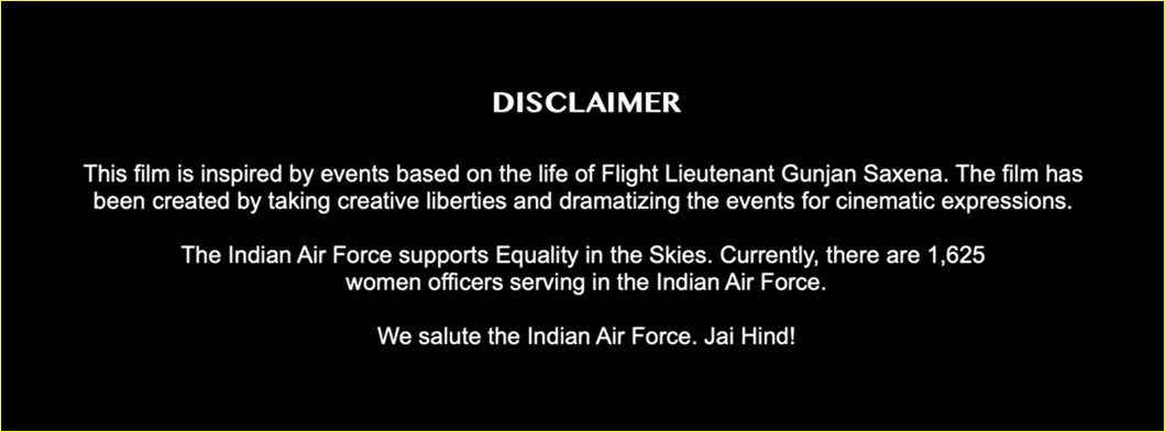 - BTW, look what the disclaimer at the start of the movie says.- The officer agreed to all this which shows IAF in such a bad light?- Especially, considering what she said about IAF in an interview ( https://www.theweek.in/news/entertainment/2020/07/26/gunjan-saxena-never-thought-in-her-wildest-dreams-she-would-inspire-a-film.html)