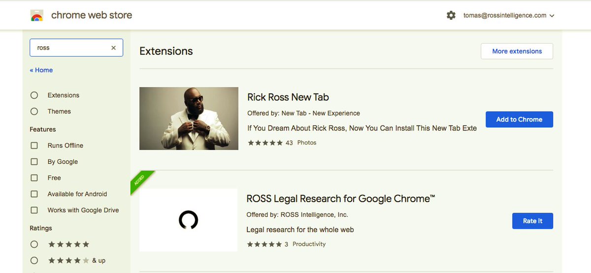 When you're tired of using the <a href="/RickRoss/">Yung Rénzél 👑</a> extension on the Chrome store, why not give the new <a href="/ROSSIntel/">ROSS</a>  extension a shot? Highlight any text on the internet and surface related case law.