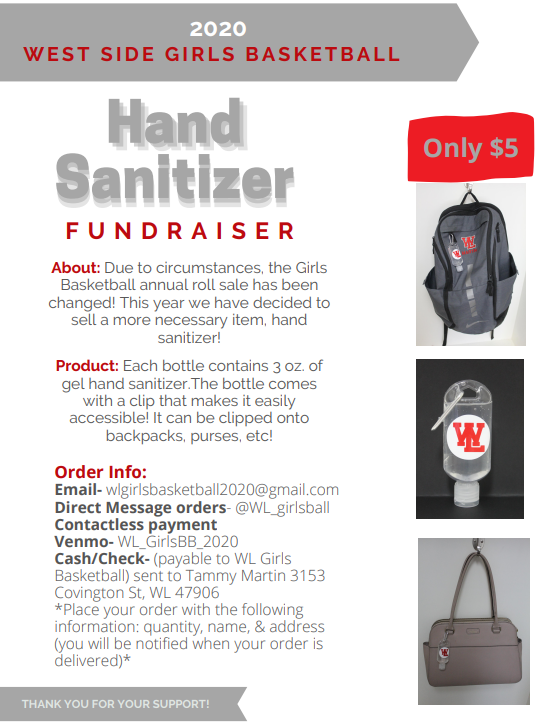 WLParentCouncil's tweet photo. Our girls basketball team is holding a hand sanitizer fundraiser. Email wlgirlsbasketball2020@gmail.com for more info. https://t.co/0mUuUQgMDF