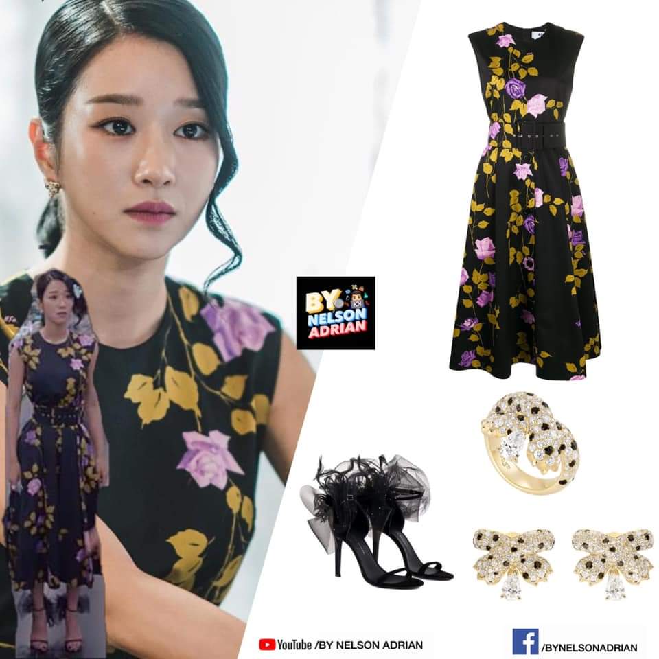 KMY in a Rose-Print Flared Dress fr MSGM -P37,641.97Mesh Ruffle 105mm sandals fr GUISEPPE ZANOTTI -P59,775.64Ombre Feline Ring -P1,329,779.29 + Ombre Feline Earrings -P1,445,412.27 both fr FRED NelsonAdrian #KoMunYeongFashion  #SeoYeJi  #ItsOkayToNotBeOkay