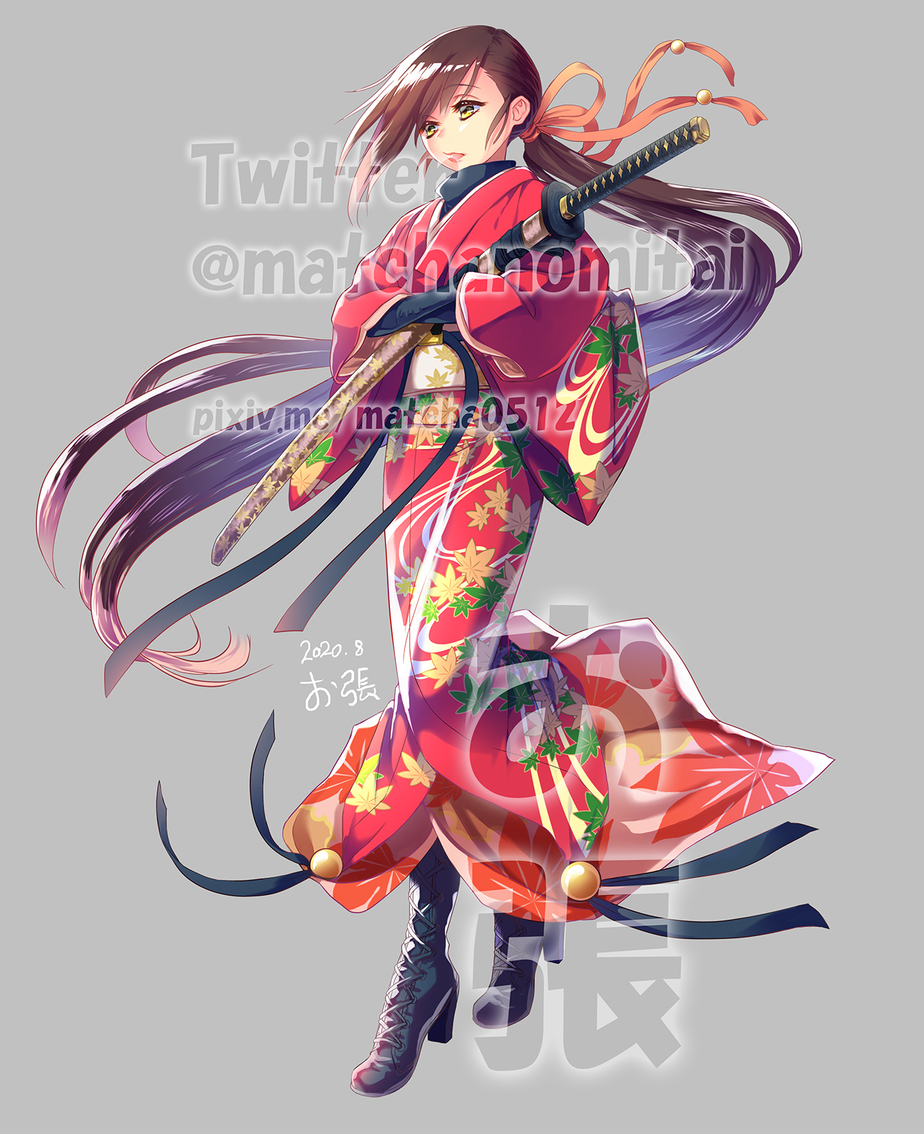 お張 絵描き キャラクターデザイン 和服女剣士 アレンジ和服をテーマにしたキャラクター 鮮やかな赤 紅葉柄 金箔など和をふんだんに感じさせるデザインにしました ジャンルは和風ファンタジー サイバーパンク 近未来などを想定してみました