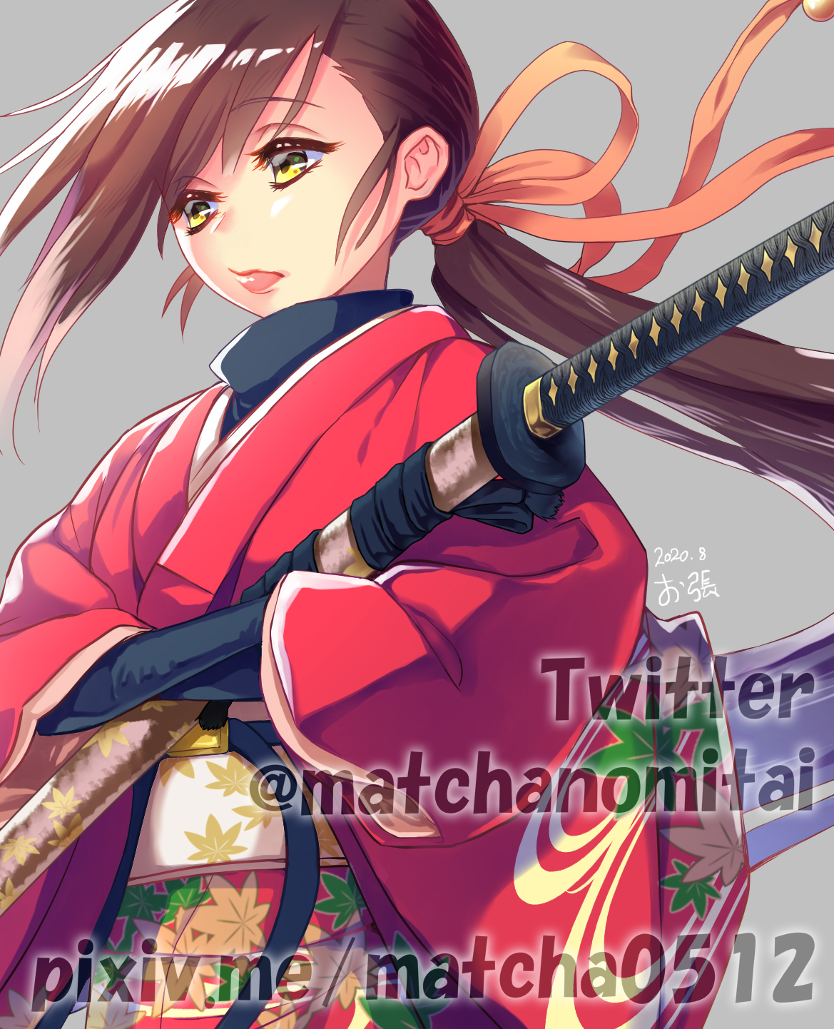 お張 絵描き キャラクターデザイン 和服女剣士 アレンジ和服をテーマにしたキャラクター 鮮やかな赤 紅葉柄 金箔など和をふんだんに感じさせるデザインにしました ジャンルは和風ファンタジー サイバーパンク 近未来などを想定してみました