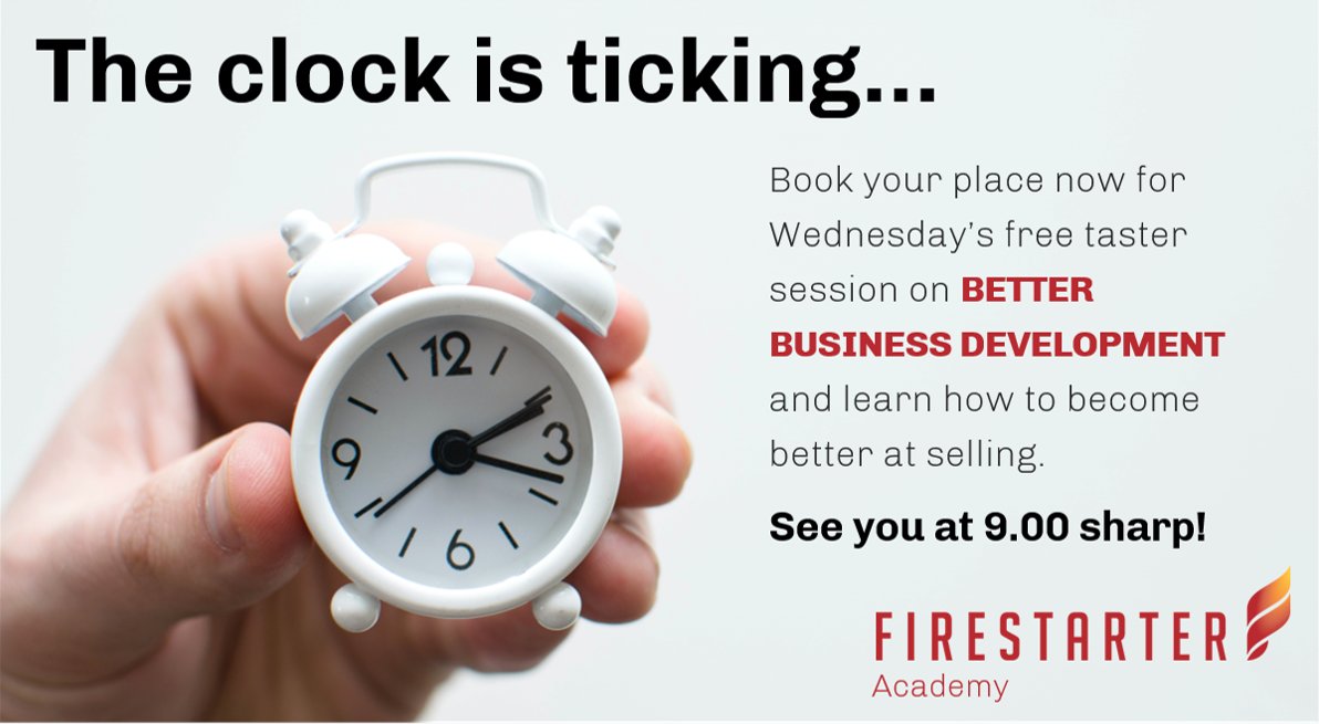 FirestarterHQ's tweet photo. Last chance to book your place on tomorrow's free taster session on Better Business Development. Register now at https://t.co/uvmfQ1M6WA to find out what you need to do to improve your sales skills and performance.
#firestarteracademy #salestraining #salesskills https://t.co/sJe9ANYufO