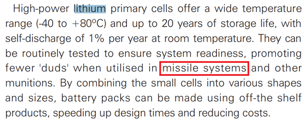 22)Lithium?“… lithium-metal is the propellant for military missiles. I think there were armaments there,” Coppe adds.From “High power lithium technology for the military” https://tadiranbatteries.de/pdf/articles/high-power-lithium-technology-for-military.pdf