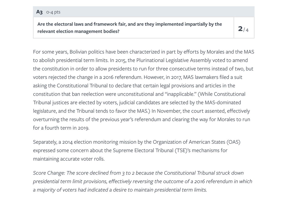 Just take a look at the 2018  @FreedomHouse report on Bolivia, which long precedes the election. Morales had been attacking civil liberties, independent institutions, and political freedoms for a long time.