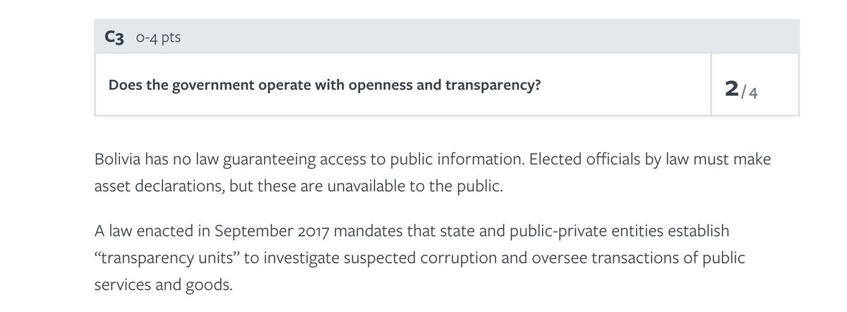 Just take a look at the 2018  @FreedomHouse report on Bolivia, which long precedes the election. Morales had been attacking civil liberties, independent institutions, and political freedoms for a long time.