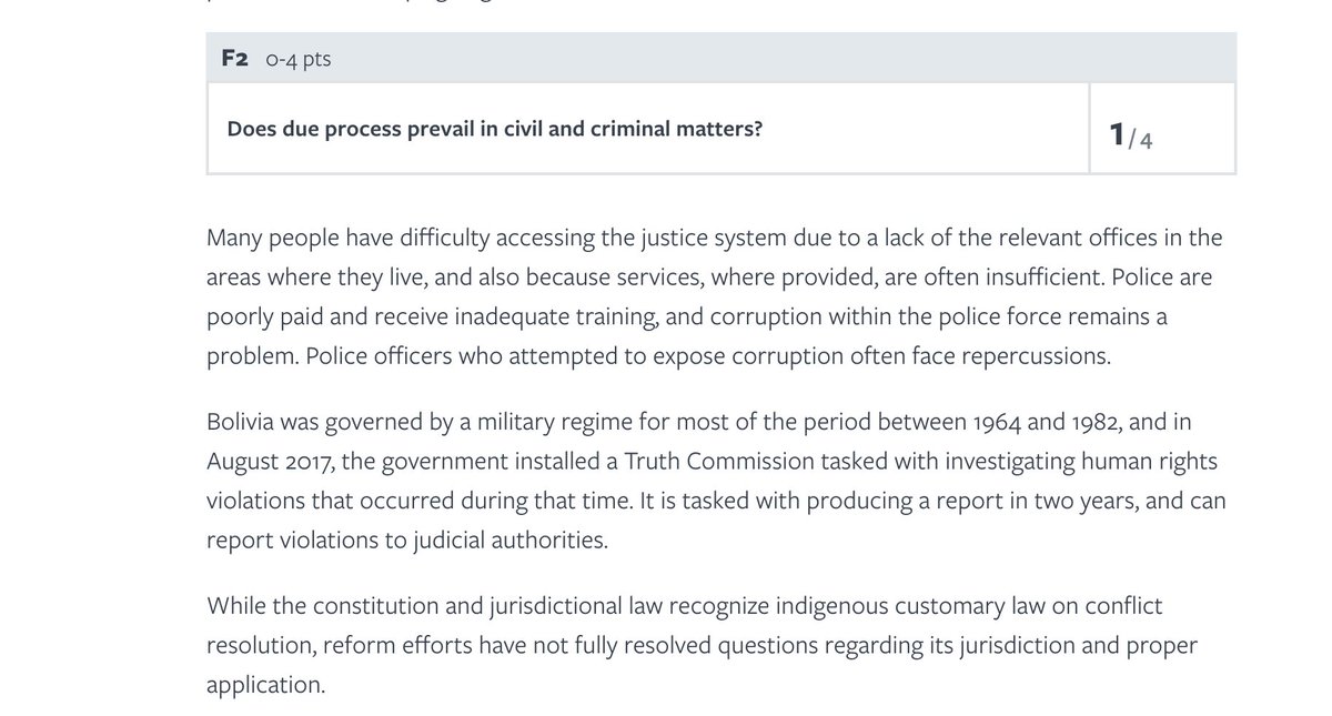 Just take a look at the 2018  @FreedomHouse report on Bolivia, which long precedes the election. Morales had been attacking civil liberties, independent institutions, and political freedoms for a long time.