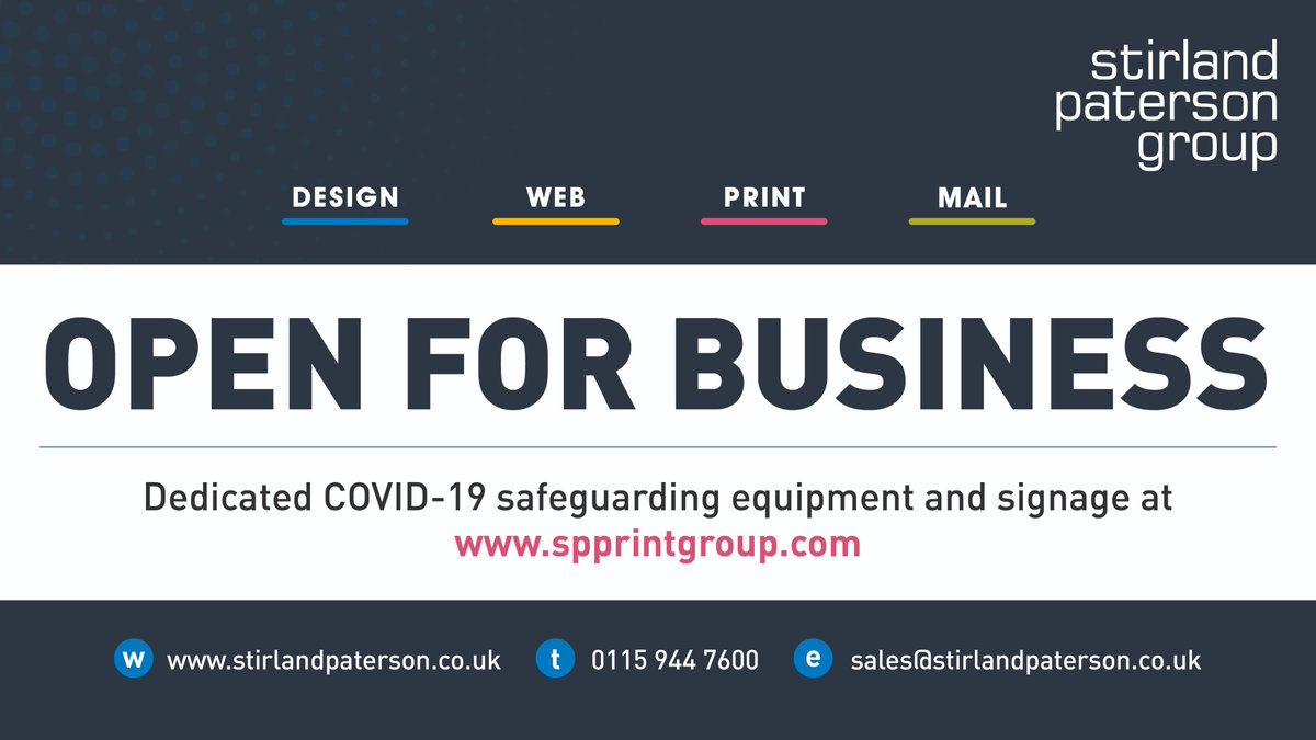 SPG_Group's tweet photo. Stirland Paterson Group is fully open for business. We have developed a COVID specific print shop to help all our customers safeguard their businesses. #print #COVID19 #open #business #design #web #mailing #derbyshire #nottinghamshire https://t.co/ILOpqKj5S6