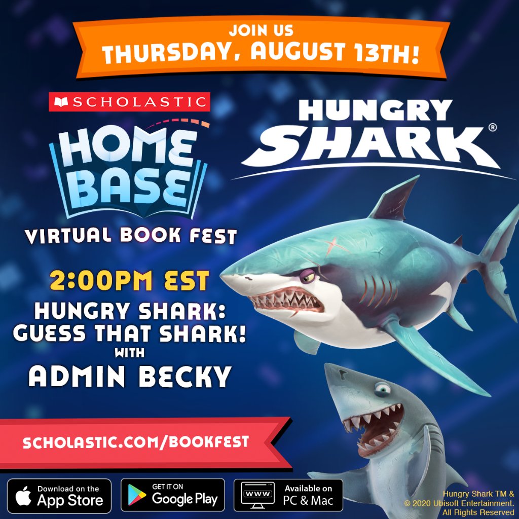 Scholastic's tweet image. This Thursday (8/13) join us for a special #SharkWeek Book Fest on Home Base! The fun starts at 2 pm EST  at scholastic.com/bookfest 🦈  #ScholasticBookFest @Hungry_Shark @laurenTarshis