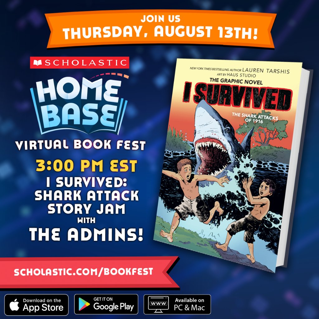 Scholastic's tweet image. This Thursday (8/13) join us for a special #SharkWeek Book Fest on Home Base! The fun starts at 2 pm EST  at scholastic.com/bookfest 🦈  #ScholasticBookFest @Hungry_Shark @laurenTarshis