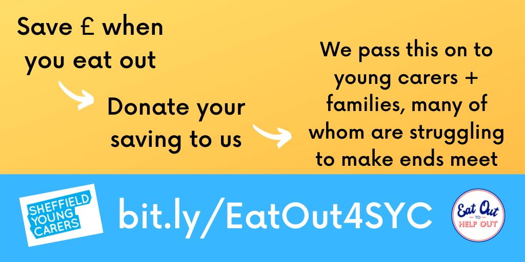 🍕🫂 Eat Out to Help Young Carers!🍝🍩If you're making a saving when you eat out, please consider donating it bit.ly/EatOut4SYC 🙏

We'll use your #EatOutToHelpOut saving to support young carers + families - many of whom are struggling to make ends meet. 

Thank you! ♥️ SYC
