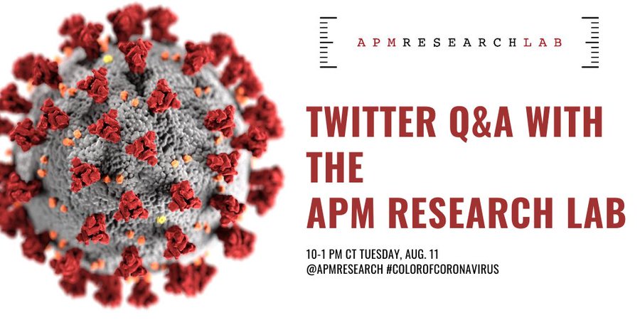 Hi, Twitter! It's Andi Egbert ( @dataANDInfo) with the APM Research Lab, here. Our  #AMA is open now! Please use  #ColorofCoronavirus to submit your questions. I'll get to as many as I can in the next 3 hours. What do you want to know about our work?  https://www.apmresearchlab.org/covid/deaths-by-race