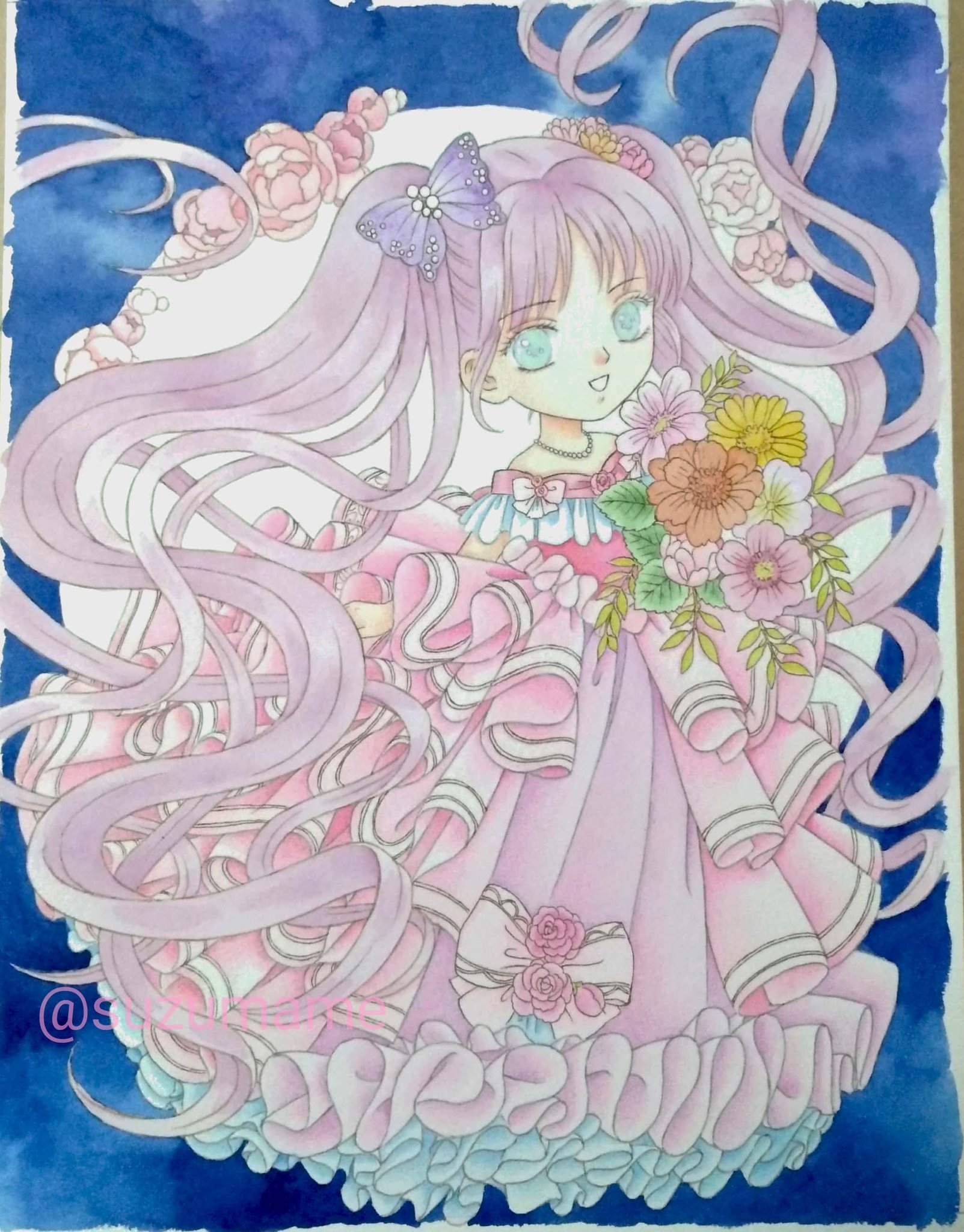 鈴豆 まめたん アナログイラスト 色鉛筆イラスト イラスト進捗 大体ドレス全体の色が入ったので縁の柄入れ 細かいので大変 いや もう暑すぎ お盆は絶対引きこもりです T Co Lehob2b9gq Twitter