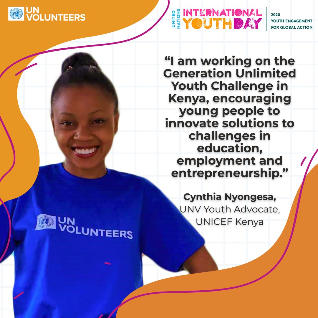 UNVolunteers's tweet photo. Cynthia Nyongesa is a Generation 2030 #Youth Ambassador &amp; UN Volunteer with @UNICEFKenya working to empower #African children &amp;youth @UNV_ESARO

Young people are taking action💪🏾to solve humanity’s greatest problems. Are you? Join the global convo!

#YouthDay #Youth4GlobalAction https://t.co/kUnKuBlO9Z