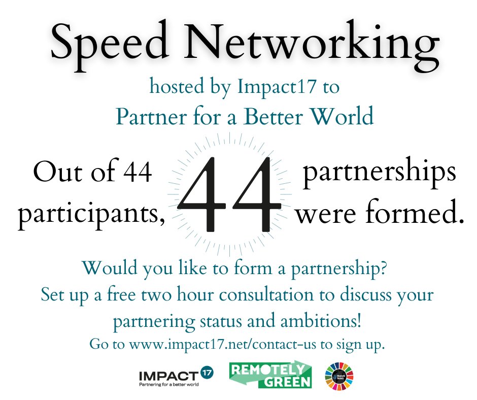 Alliance4Impact (@a4impact) on Twitter photo We formed 44 partnerships in our Speed Networking event! It was a huge success and we want to thank our own partners <a href="/MB_Community/">Meaningful Business</a> and <a href="/RemotelyGreen/">RemotelyGreen</a>.
Join us for a FREE 2-hour consultation to develop partnerships with your business: lnkd.in/e8UU2c6 We formed 44 partnerships in our Speed Networking event! It was a huge success and we want to thank our own partners <a href="/MB_Community/">Meaningful Business</a> and <a href="/RemotelyGreen/">RemotelyGreen</a>.
Join us for a FREE 2-hour consultation to develop partnerships with your business: lnkd.in/e8UU2c6