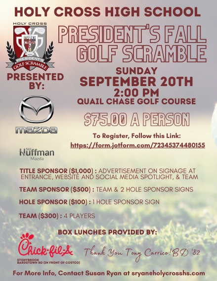 HCHSCougars's tweet photo. Mark your calendars for the Holy Cross President's Fall Golf Scramble, Sunday, September 20, 2:00 p.m. at Quail Chase Golf Course! Register a team or sponsorship at https://t.co/KbCrjCGgYe and help support Holy Cross! We look forward to seeing you there! #HCHS #CougPride https://t.co/swtC93gBbC