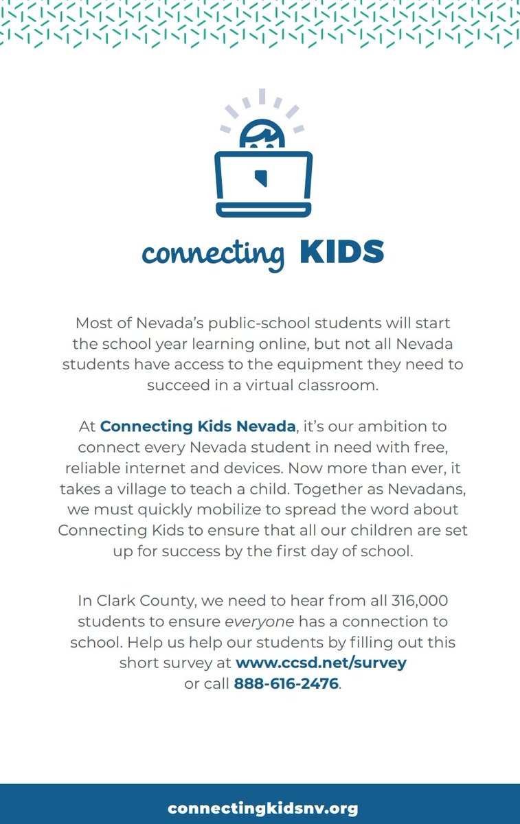 CcsdParents's tweet photo. All families are asked to take the @ClarkCountySch Tech Survey. A new website https://t.co/DGlArviaIR has launched and a support line 1-866-616-2476 to ensure all CCSD students have a device and connectivity. 📣Please share📣 https://t.co/BZb6OswYeo