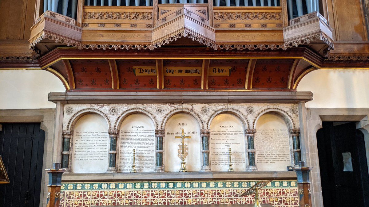 St Peter at Gowts, Lincoln, has a handsome rederos, hanging cross, war memorial, and organ loft - all Victorian or later, of course.