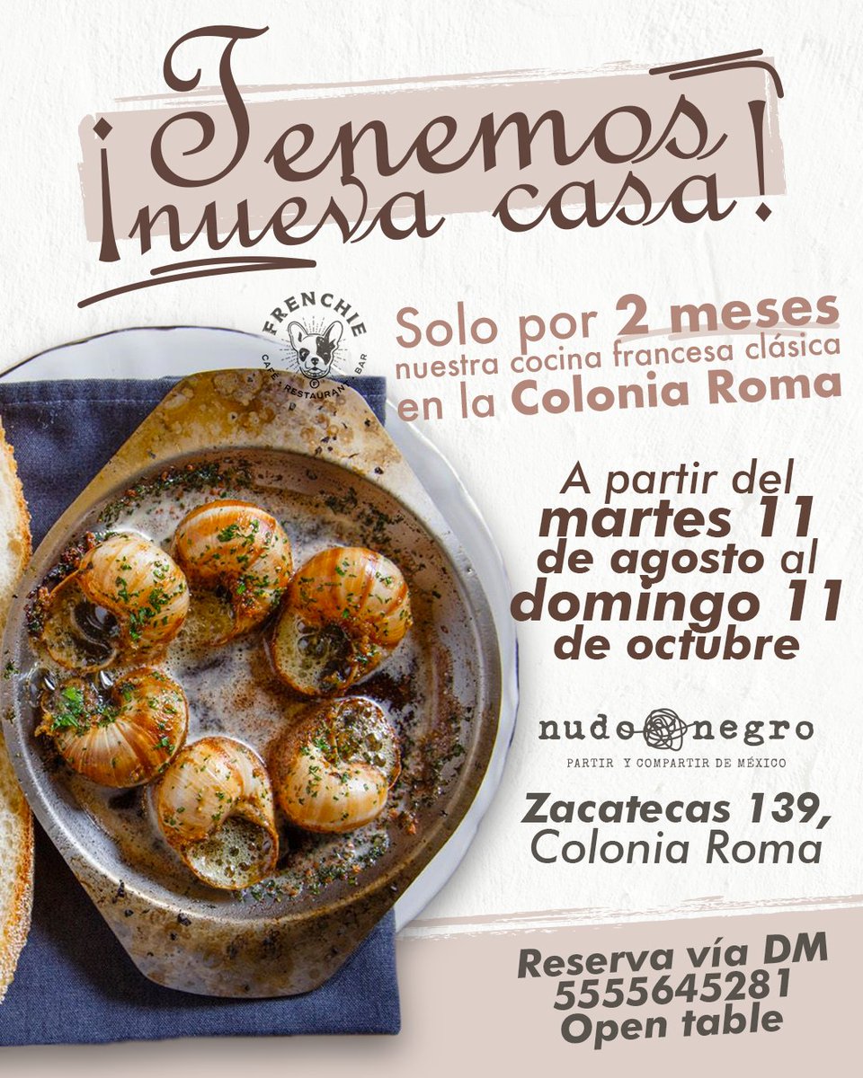 ¡A partir de hoy y hasta el 11 de octubre, <a href="/NudoNegro_DO/">Nudo Negro</a> nos abre sus puertas para cocinar nuevamente!
Te esperamos en #LaRoma para disfrutar nuestra cocina francesa clásica🇫🇷
📲¡Las reservas ya están abiertas!

#EstamosDeRegreso 
#FrenchieMX